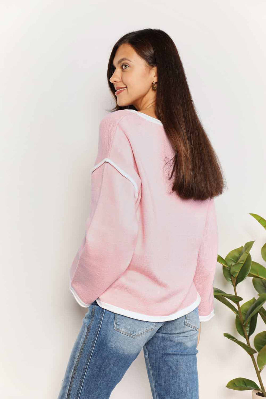 Double Take Contrast Detail Dropped Shoulder Knit Top - TopFashionHQ