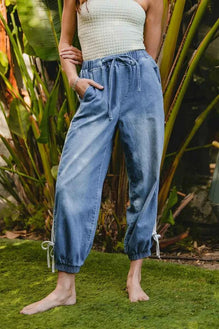 BiBi Striped Tape Details With Bot Tied Point Elastic Waist Jeans
