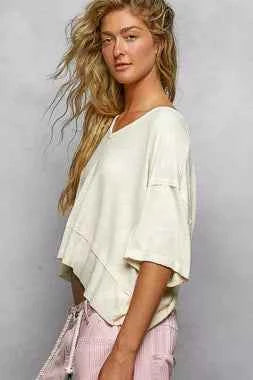 POL Short Sleeve Ccopped Rib T-Shirt with Contrast Stitch Detail