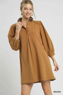 Umgee French Terry Balloon Sleeve Shift Dress with Leopard Print Detail