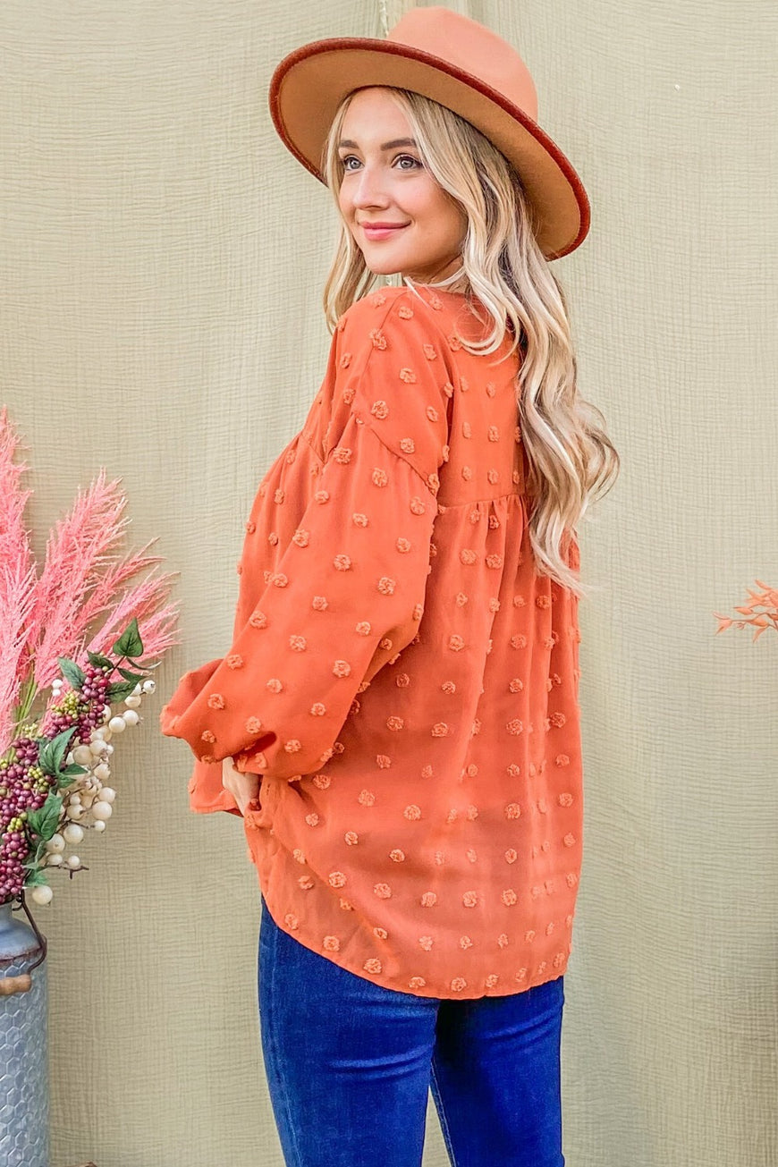 And The Why Swiss Dot V Neck Balloon Sleeve Woven Blouse - TopFashionHQ