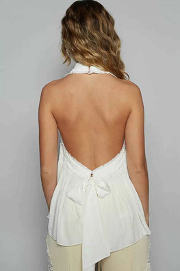 POL Backless Halter Sleeveless Top with Smocking Shirring Detail