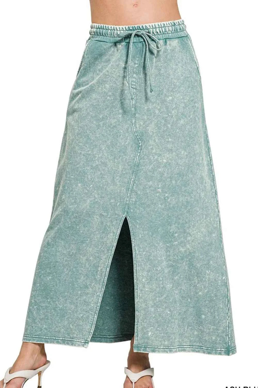 Zenana French Terry Acid Washed Front Slit Long Skirts