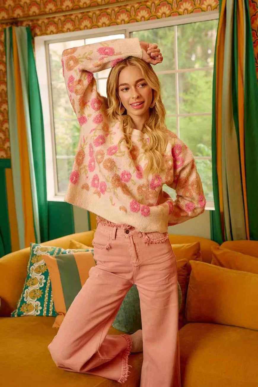 BiBi Towel Texture Floral Pattern Sweater