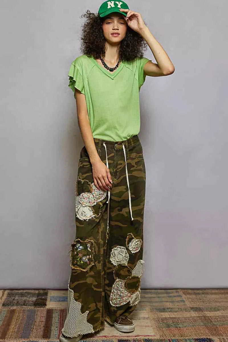 POL V-Neck Short Sleeve T-Shirt with Ruffle Sleeve