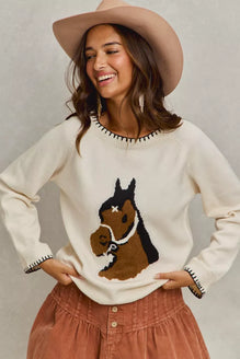 SO ME Horse Knit Sweater Top with Blanket Stitch