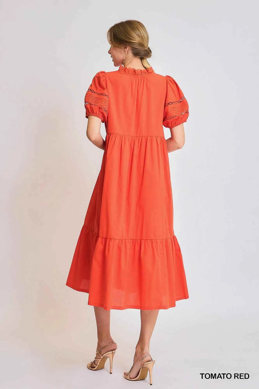 Umgee Short Sleeve Lace-Trim Ruffled Midi Dress