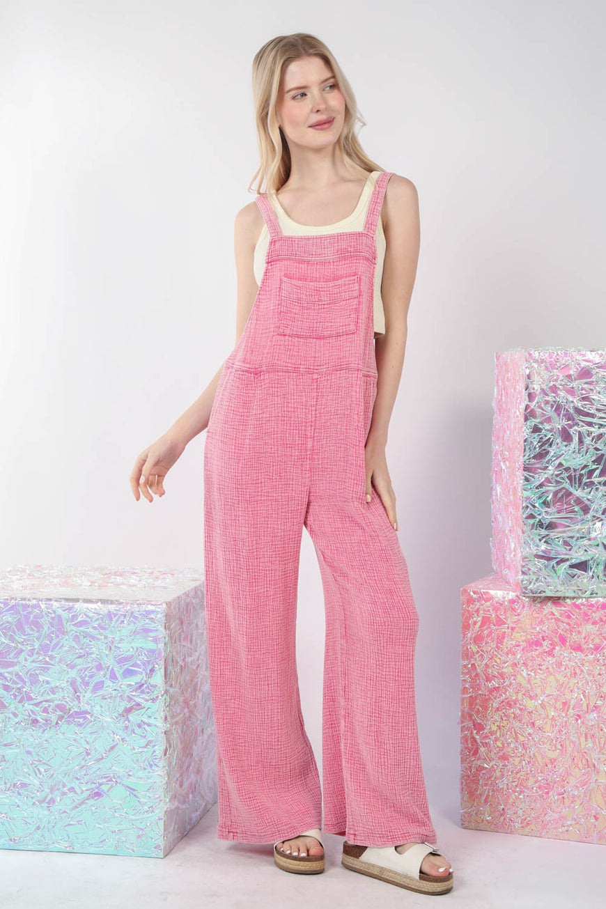 VERY J Texture Washed Wide Leg Overalls - TopFashionHQ