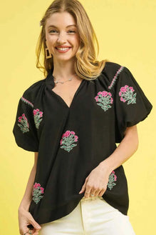Umgee Floral Embroidered Puff Sleeve Blouse