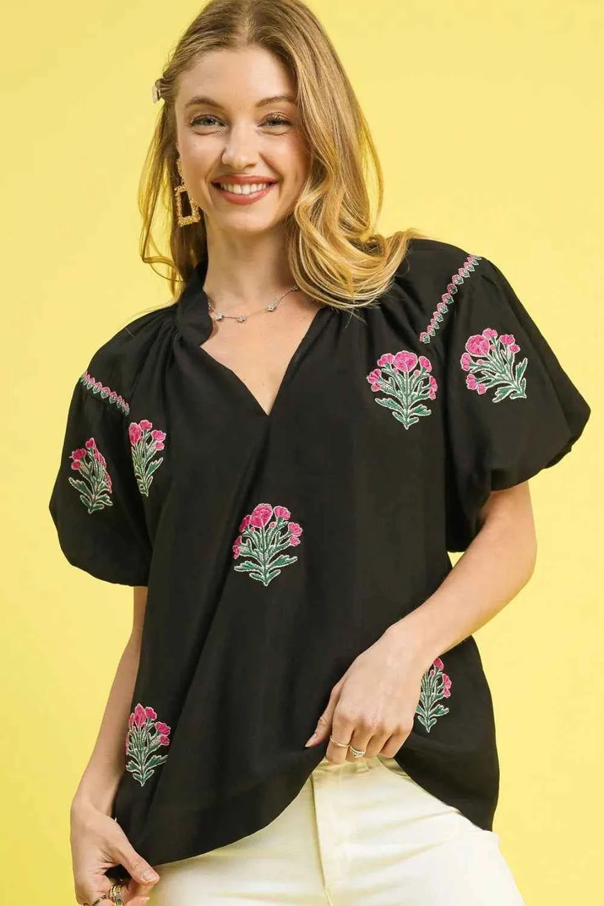 Umgee Floral Embroidered Puff Sleeve Blouse