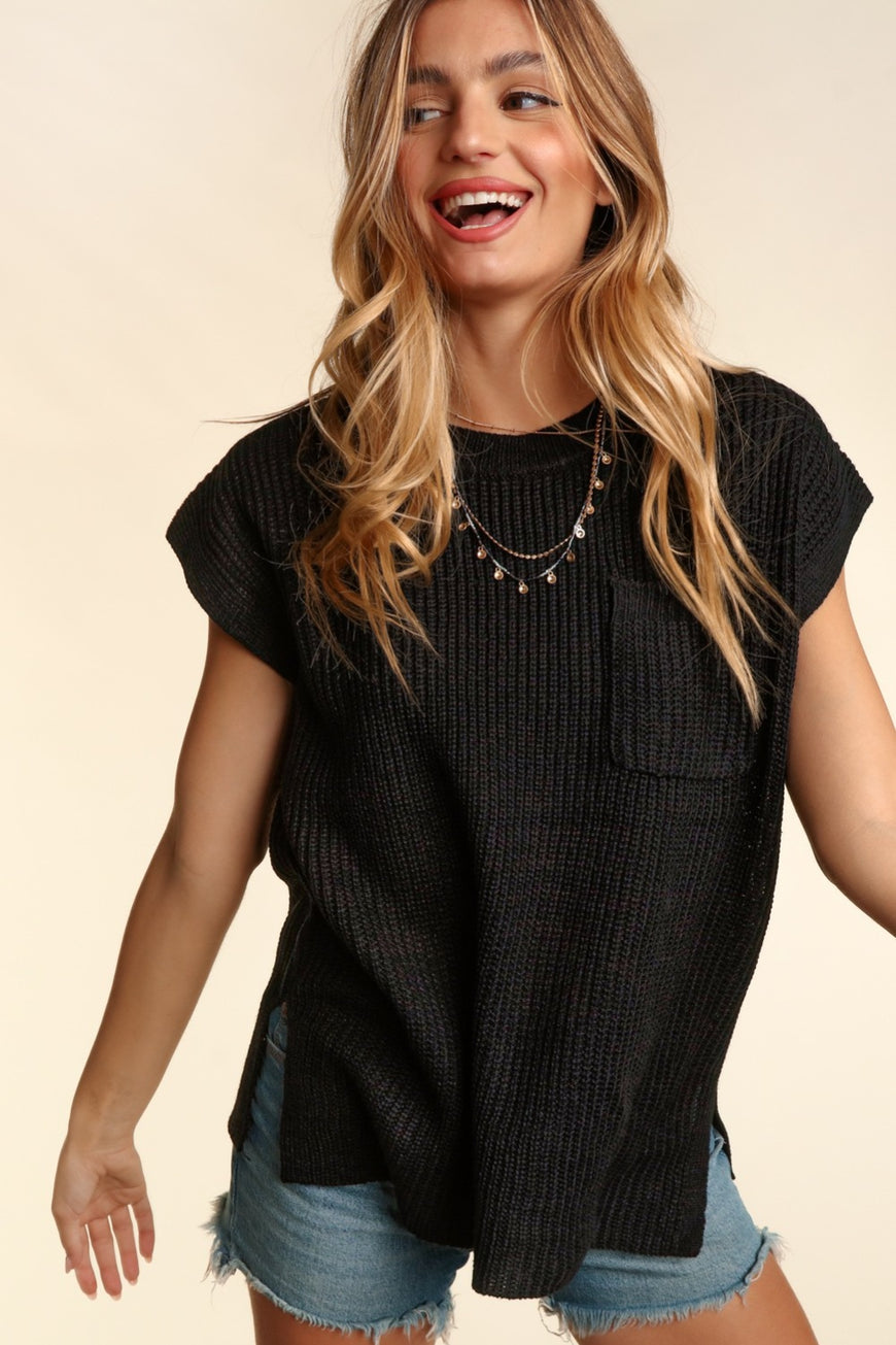 Haptics Pocketed Round Neck Cap Sleeve Knit Top - TopFashionHQ