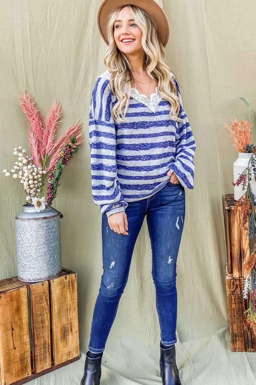 And The Why Striped Lace Detail V Neck Top - TopFashionHQ
