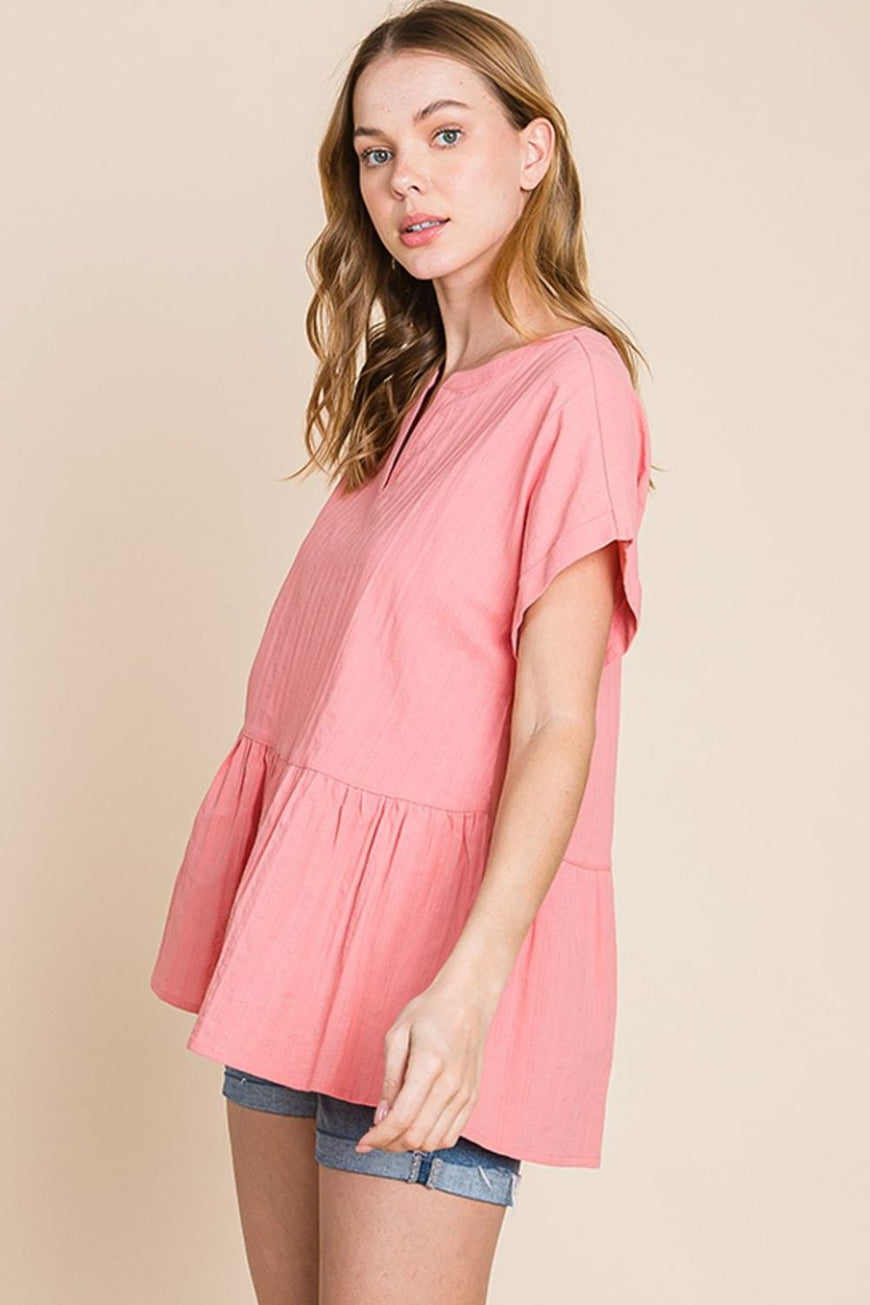 Cotton Bleu by Nu Label Notched Short Sleeve Peplum Top - TopFashionHQ