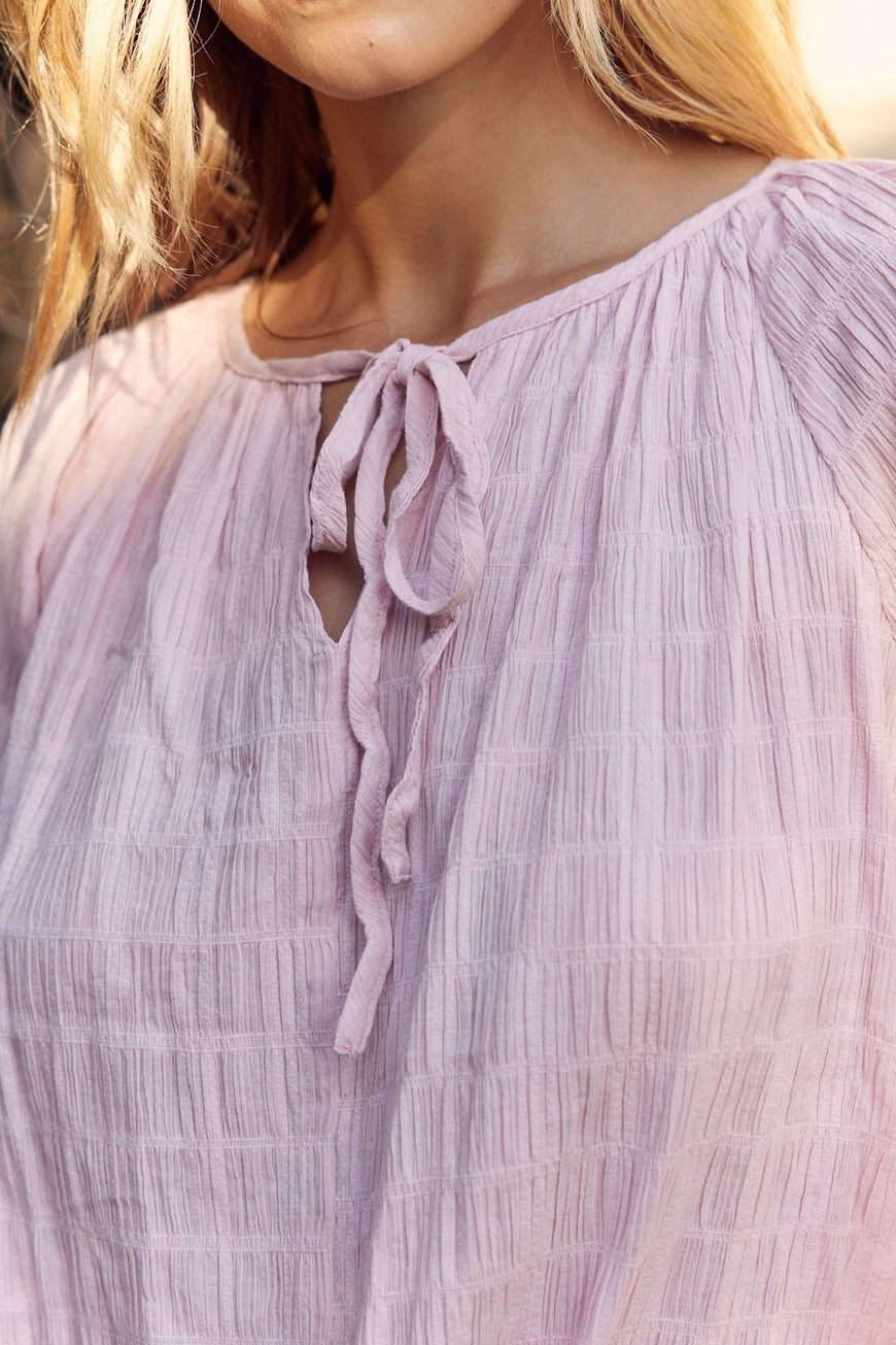 In February Textured Tie Neck Blouse - TopFashionHQ