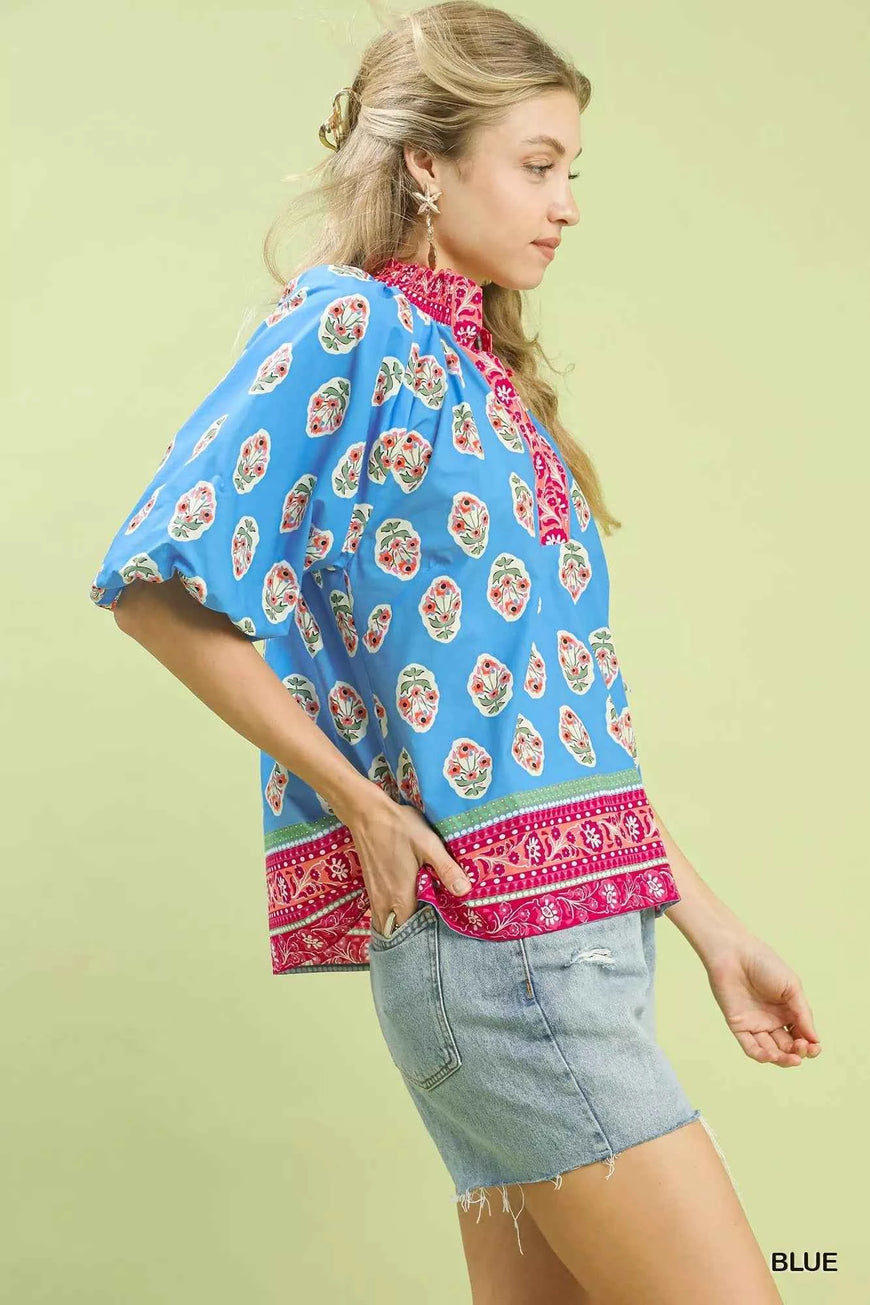 Umgee Boho Border Print Peasant Top
