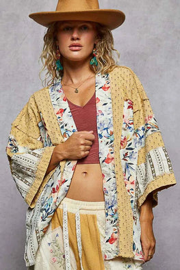 POL Raw Edge Open Front Patchwork Cardigan with Floral Trim