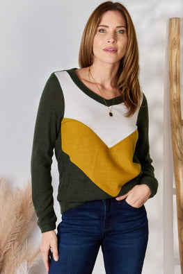 Hailey & Co Full Size Colorblock V-Neck Blouse - TopFashionHQ