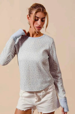 SO ME Textued Floral Knit Top with Contrast Cuffs