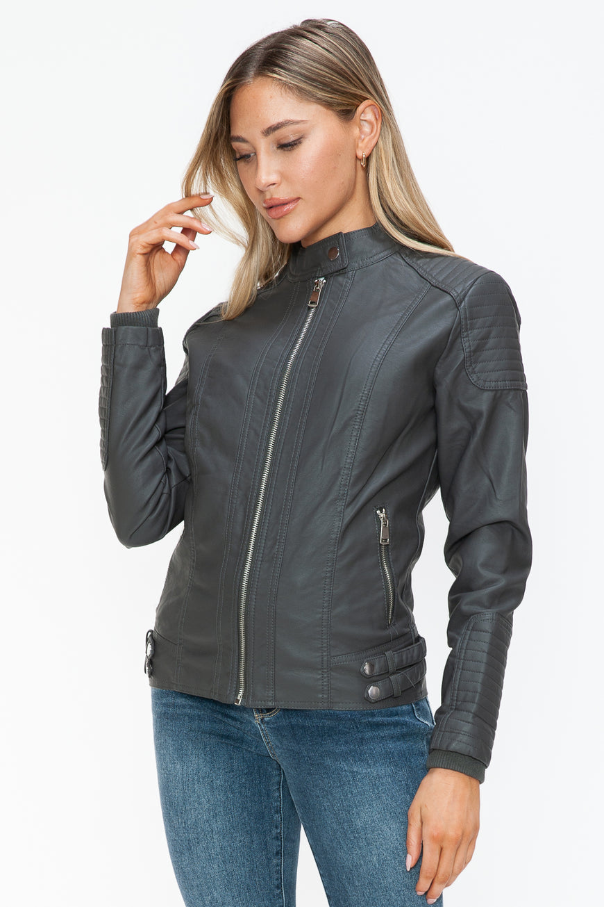 Snobbish Faux Leather Biker Jacket with Side Zip Pockets - TopFashionHQ
