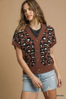 Umgee Leopard Button Down Short Sleeve Cardigan