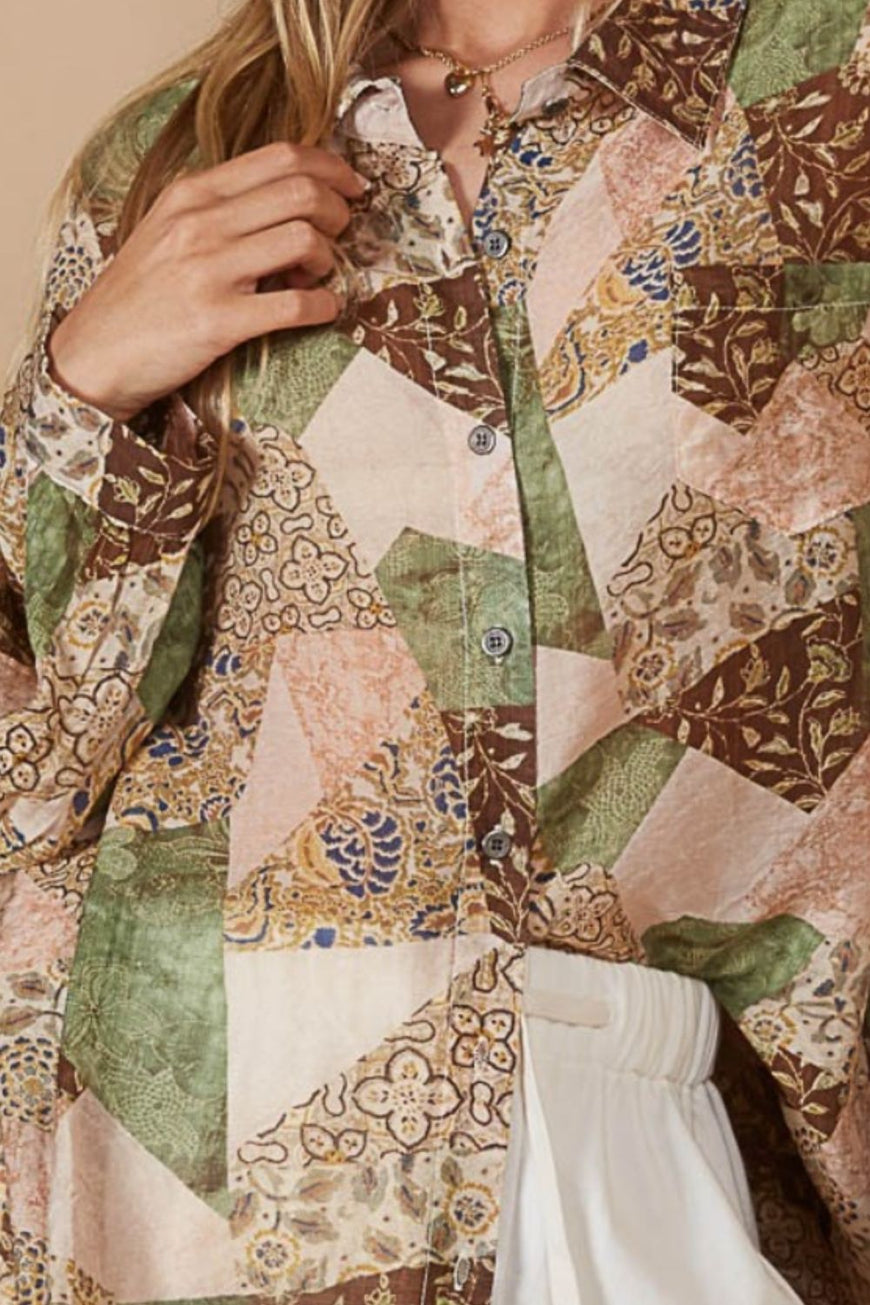 POL Button-Down Long Sleeve Printed Shirt - TopFashionHQ
