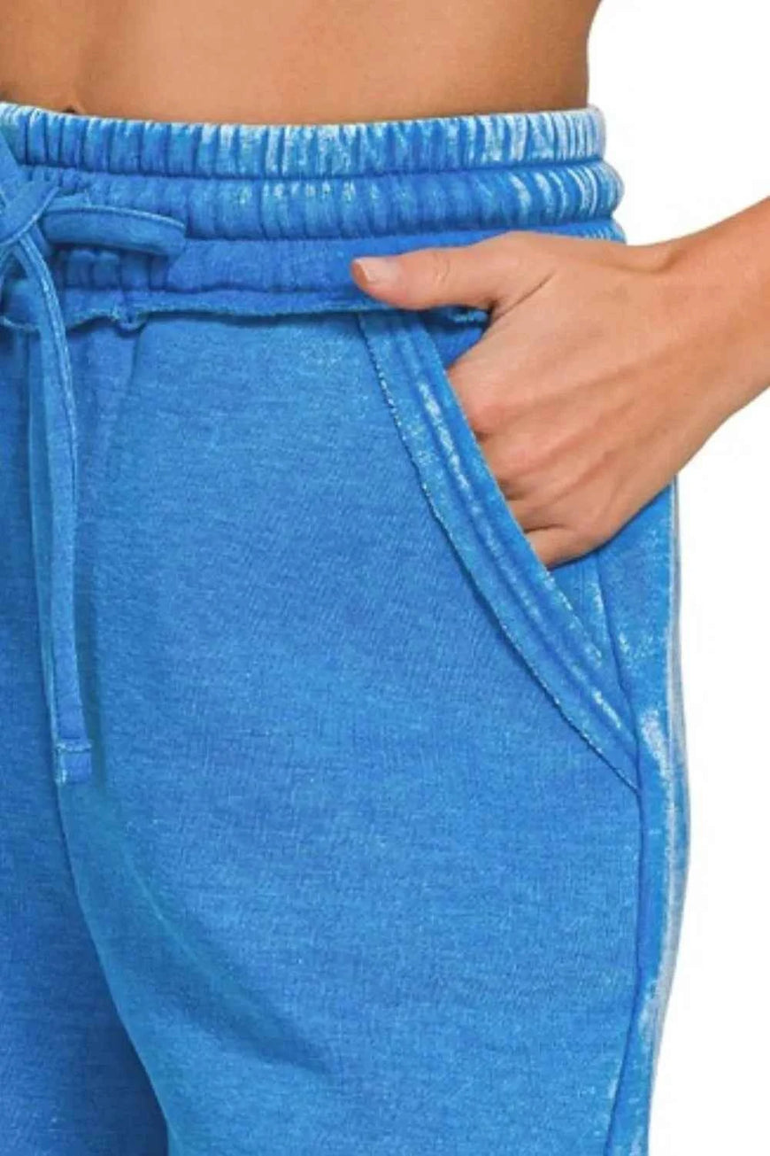 Zenana Acid Wash Fleece Drawstring Shorts With Pockets