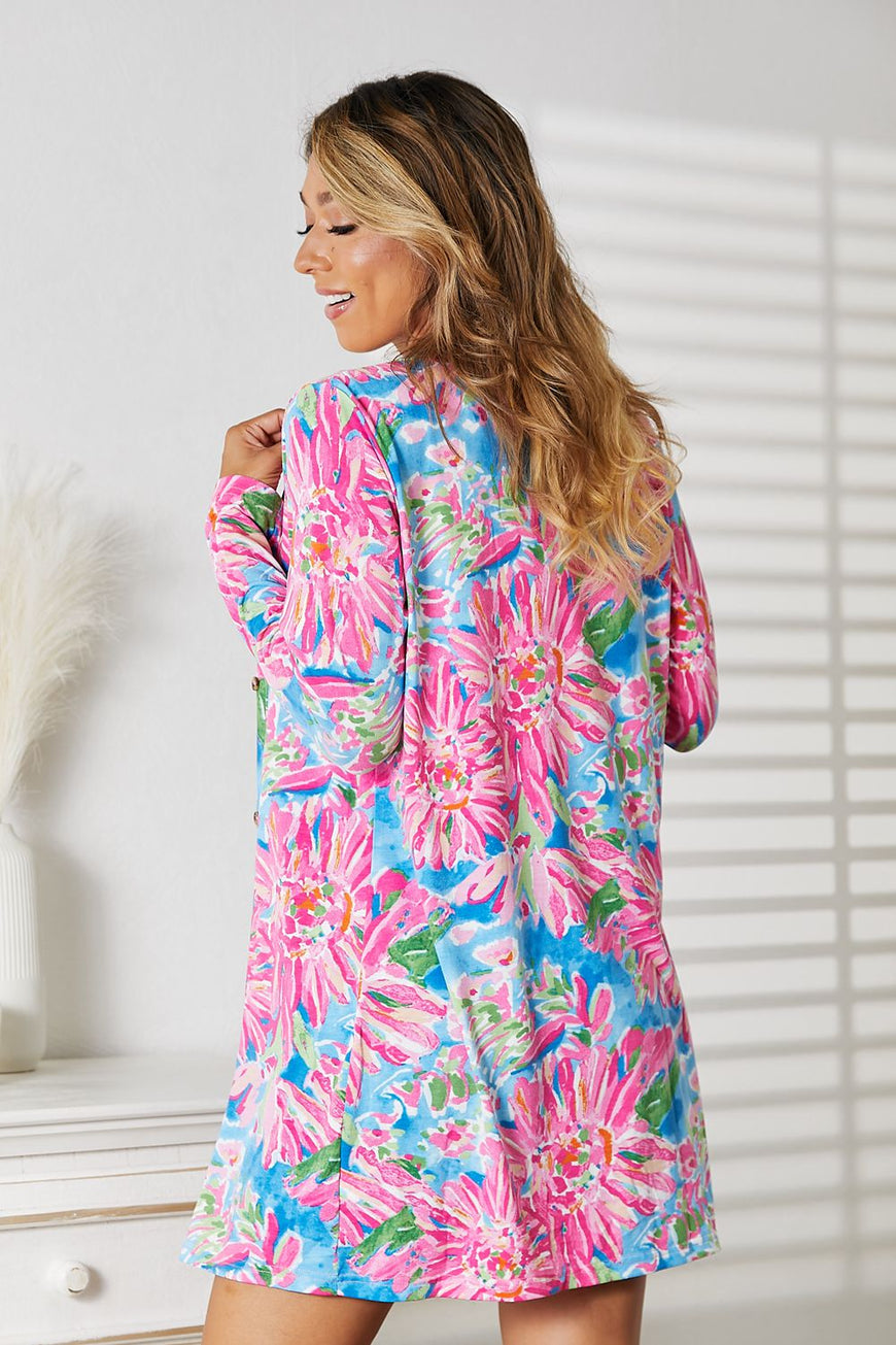 Double Take Floral Open Front Long Sleeve Cardigan - TopFashionHQ