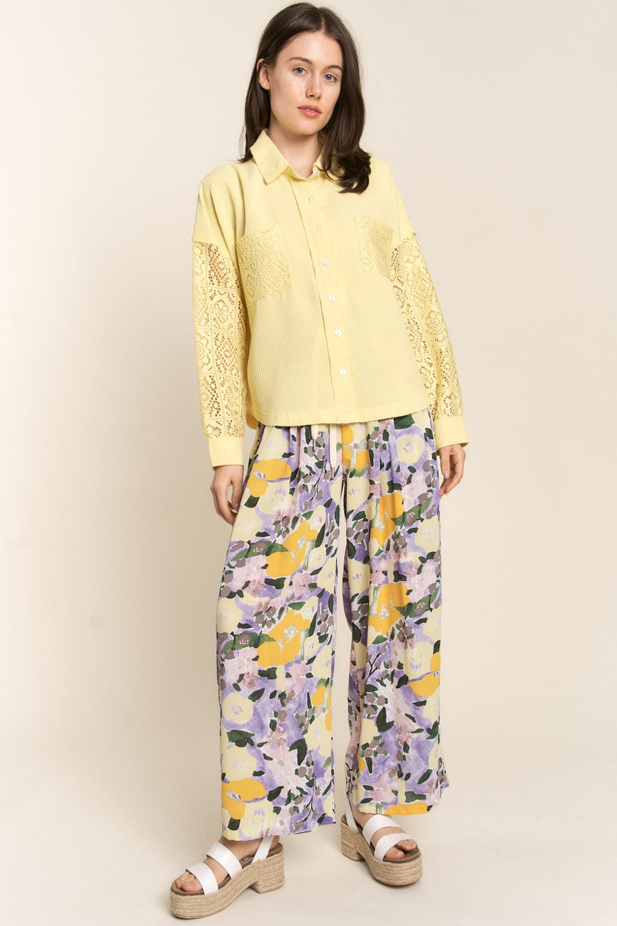J.NNA Button Down Lace Long Sleeve Waffle Shirt - TopFashionHQ