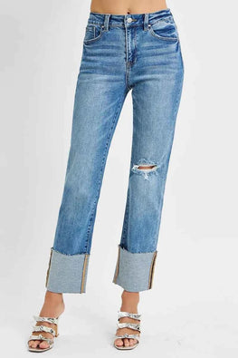RISEN Full Size High Rise Ankle Straight Wide Cuffed Jeans Plus Size