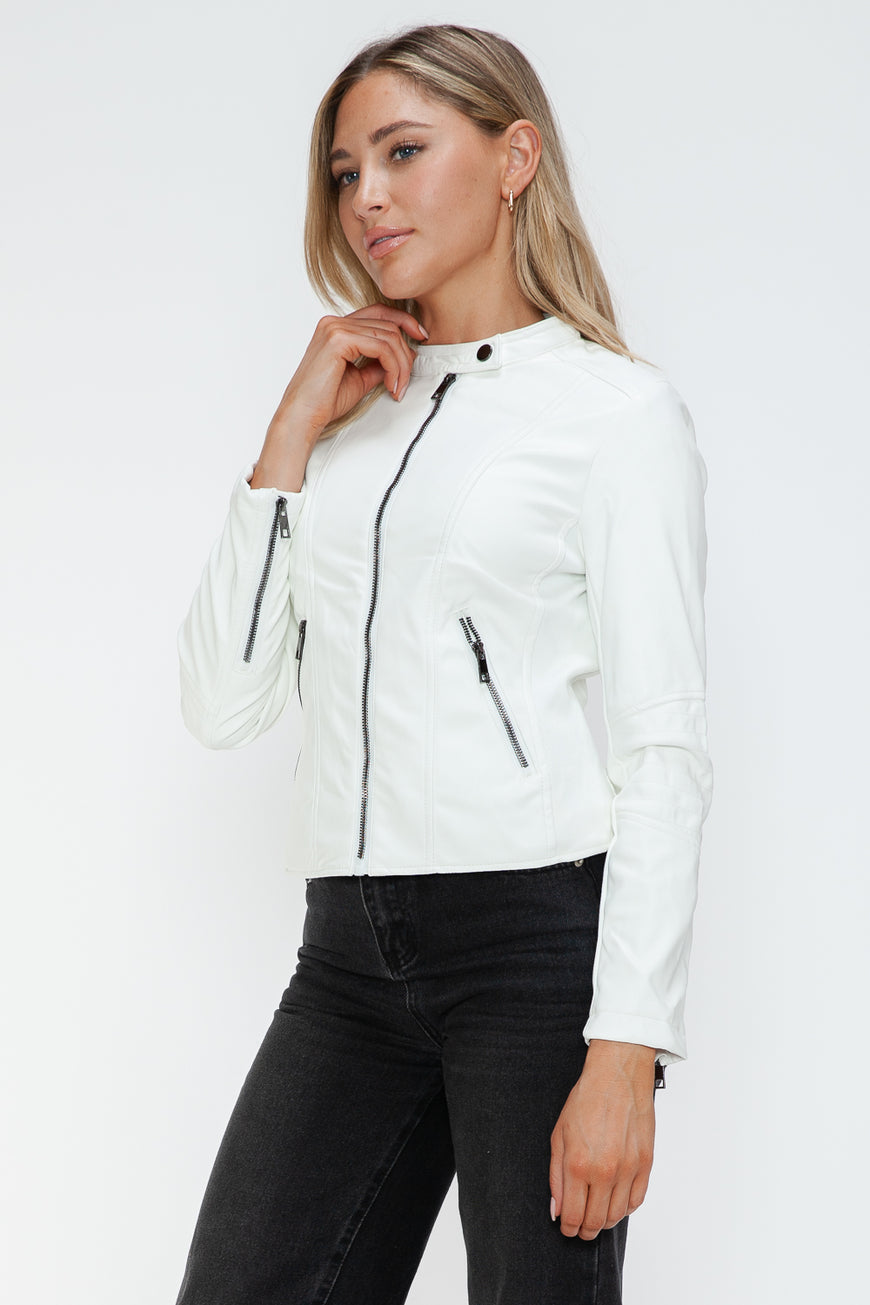 Snobbish Faux Leather Zip Up Drawstring Hooded Jacket - TopFashionHQ