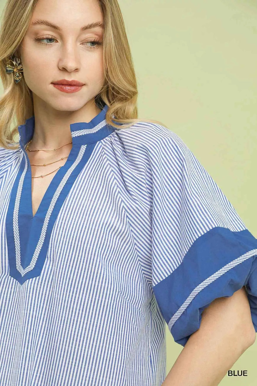 Umgee Striped Mixed Puff Sleeve Blouse