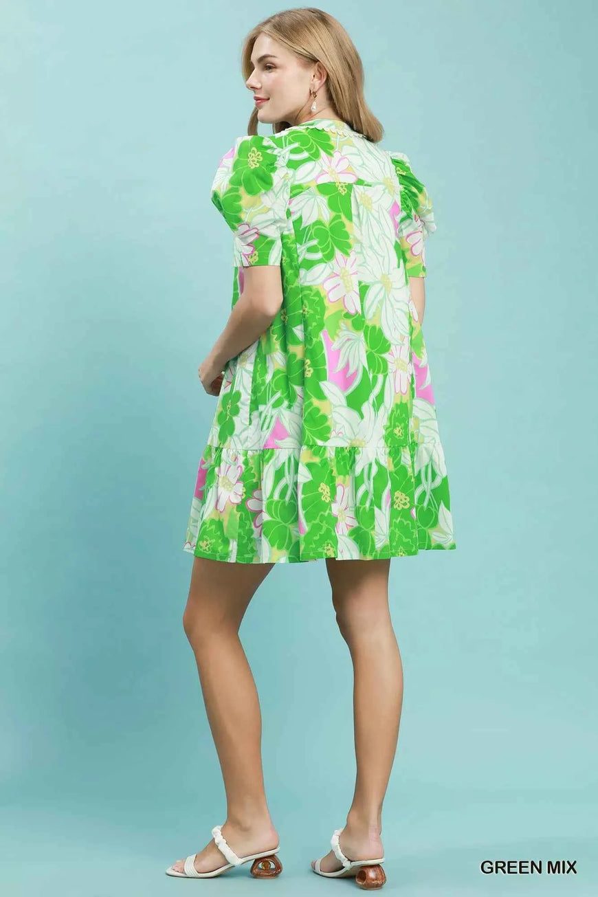Umgee Floral Puff Sleeve Tiered Mini Dress
