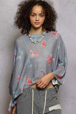 POL Butterflies Pattern Round Neck knit Top with Outseam Rolling Edge