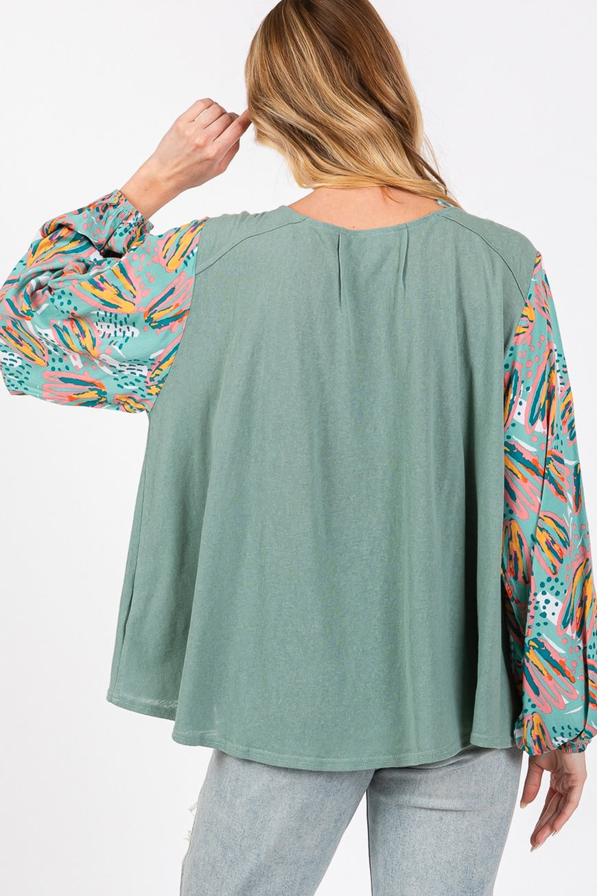 SAGE + FIG Ruched Round Neck Printed Bubble Sleeve Top - TopFashionHQ