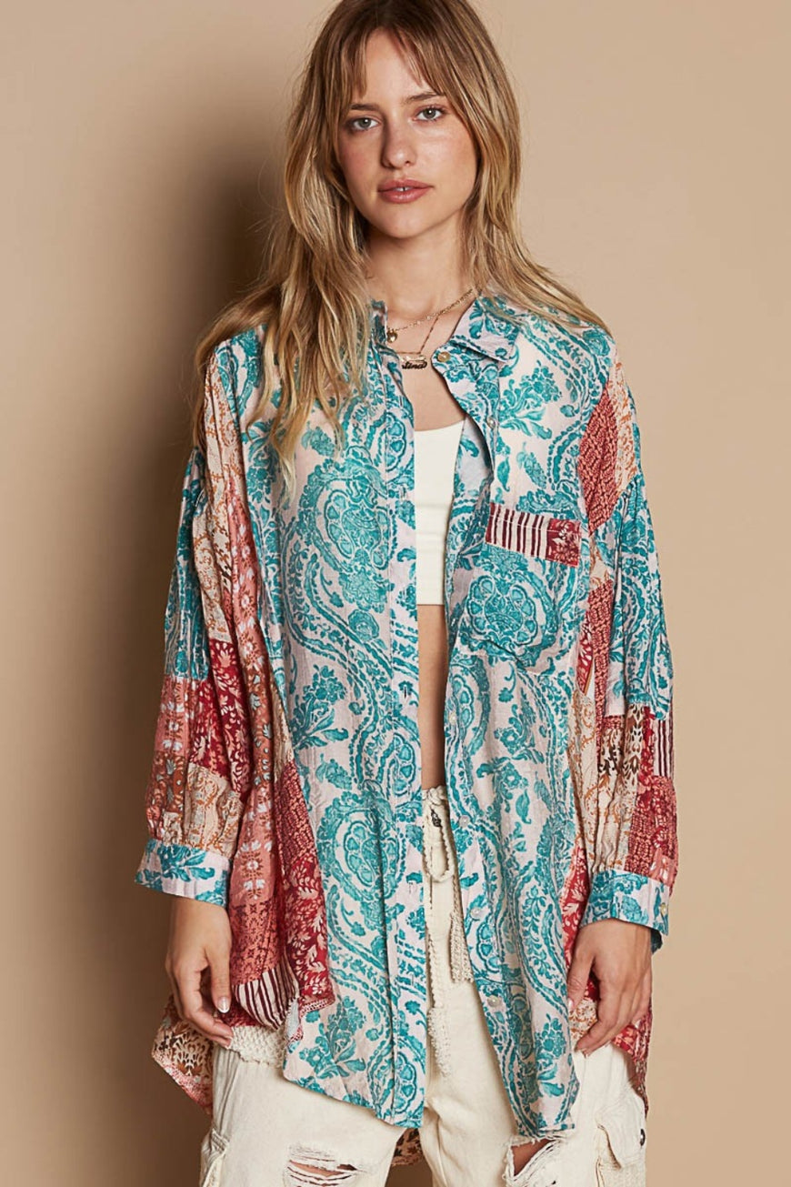 POL Long Sleeve Printed Button Down Shirt - TopFashionHQ