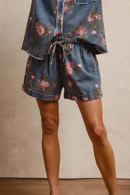 BiBi Floral Printed Denim Short Pants With Pocket