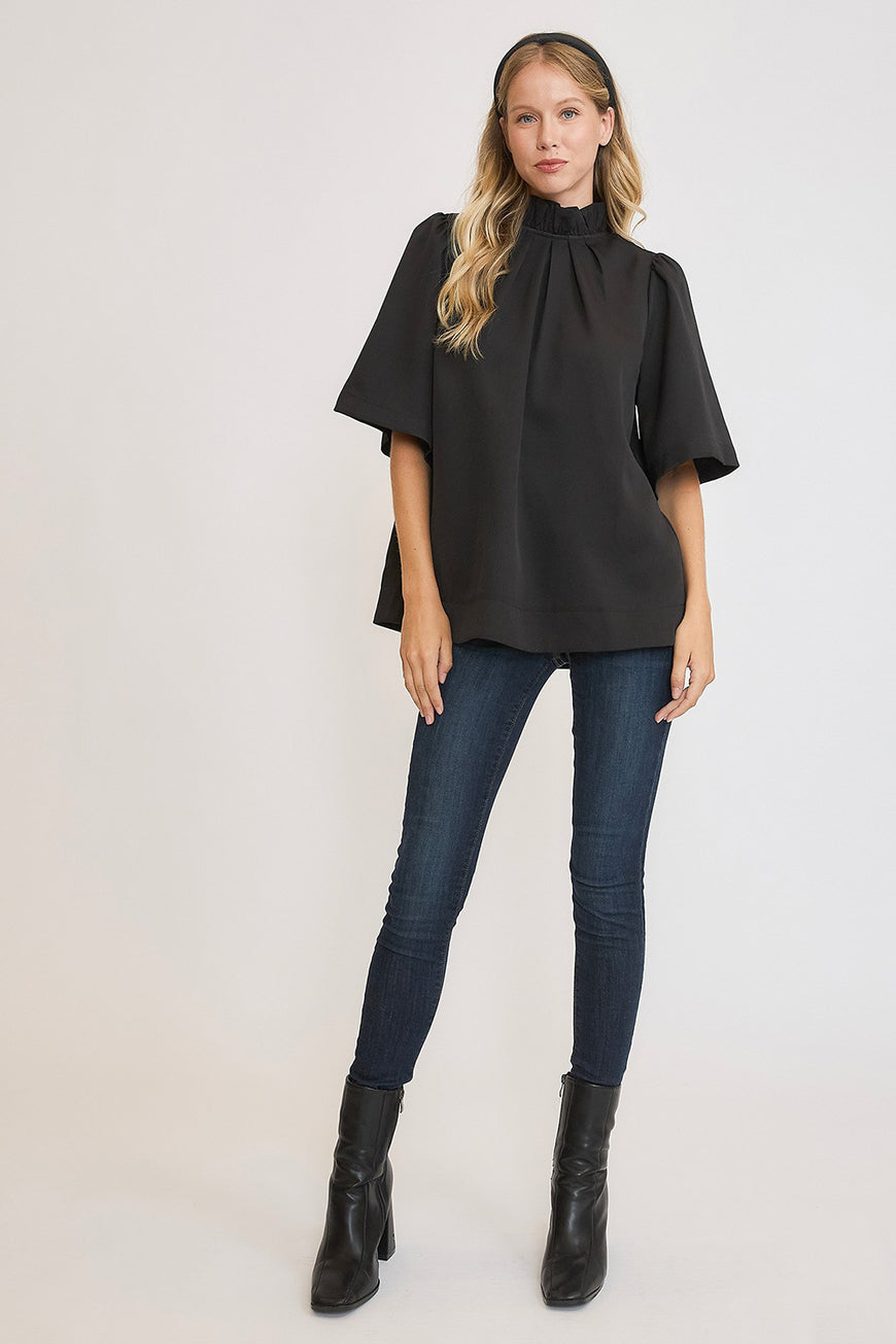Umgee Bow Tie Back Mock Neck Half Sleeve Blouse - TopFashionHQ