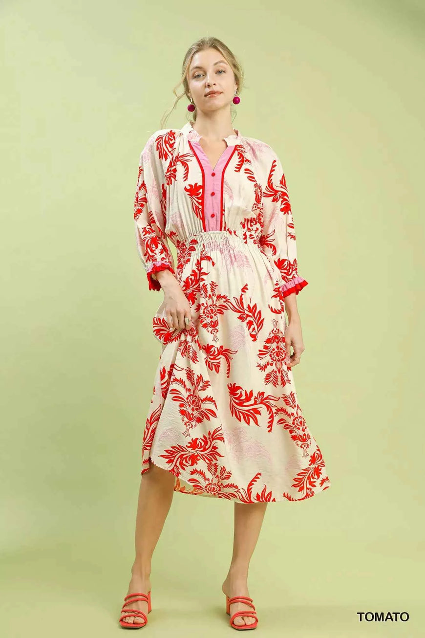 Umgee Tropical Print Button Detail Midi Dress
