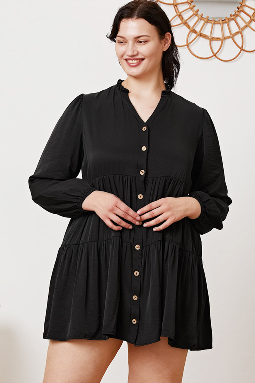 Ruffled Button Up Long Sleeve Tiered Shirt - TopFashionHQ