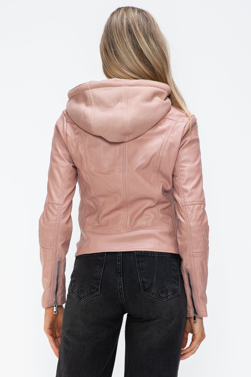 Snobbish Faux Leather Zip Up Drawstring Hooded Jacket - TopFashionHQ