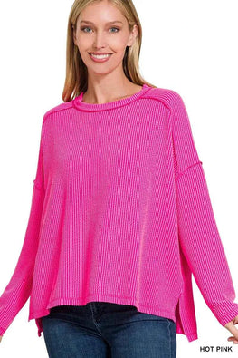 Zenana Exposed Seam Long Sleeve Corded Rib Knit Top