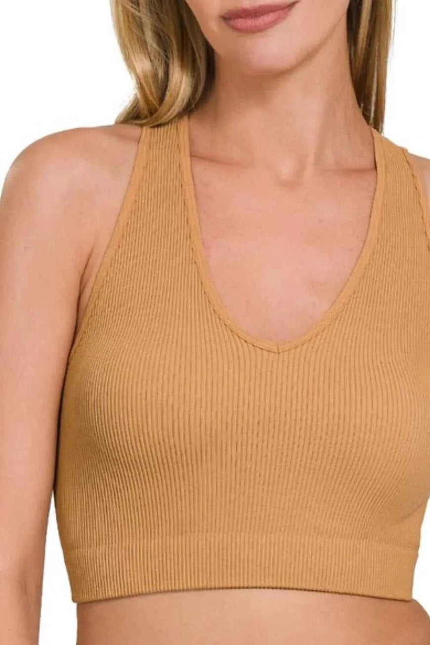 Zenana Seamless Ribbed Cropped Racerback Tank Top