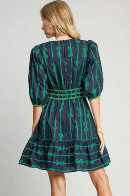 Umgee Ribbon Print Frill Contrast Velvet Trim Half Sleeve Dress