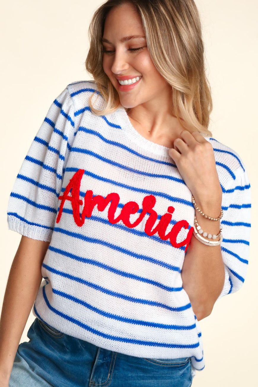 Haptics Letter Embroidery Striped Knit Top - TopFashionHQ