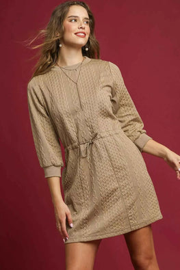 Umgee Drawstring Cable Knit Mini Dress with Pockets