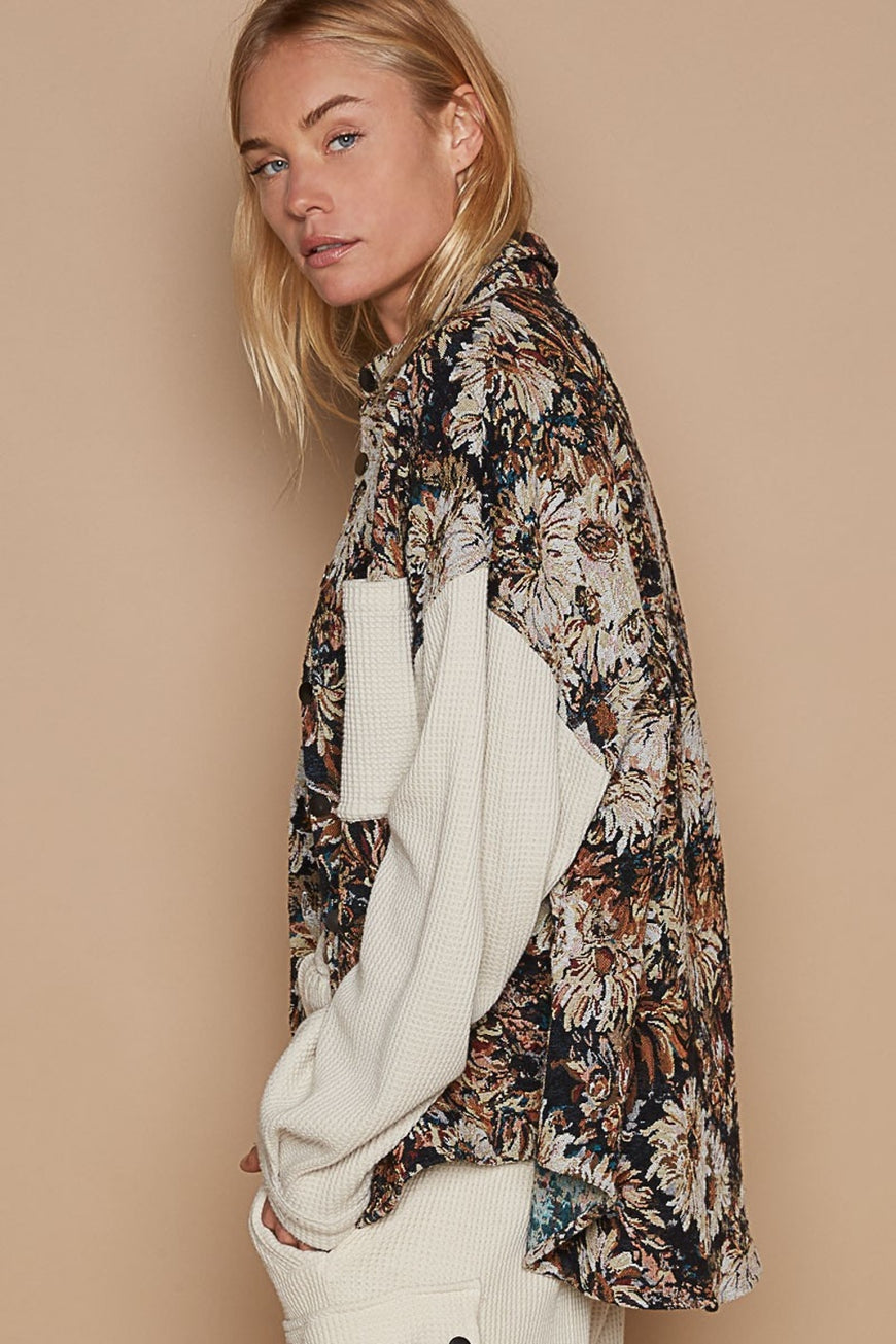 POL Contrast Sleeves Button Down Floral Jacquard Shirt - TopFashionHQ