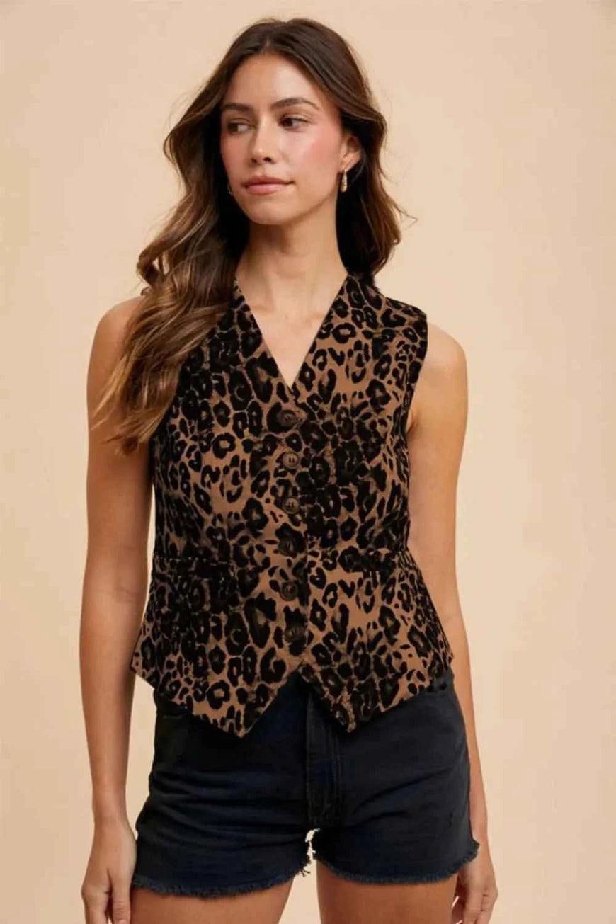 Annie Wear Stretch Leopard Denim Button Down Vest
