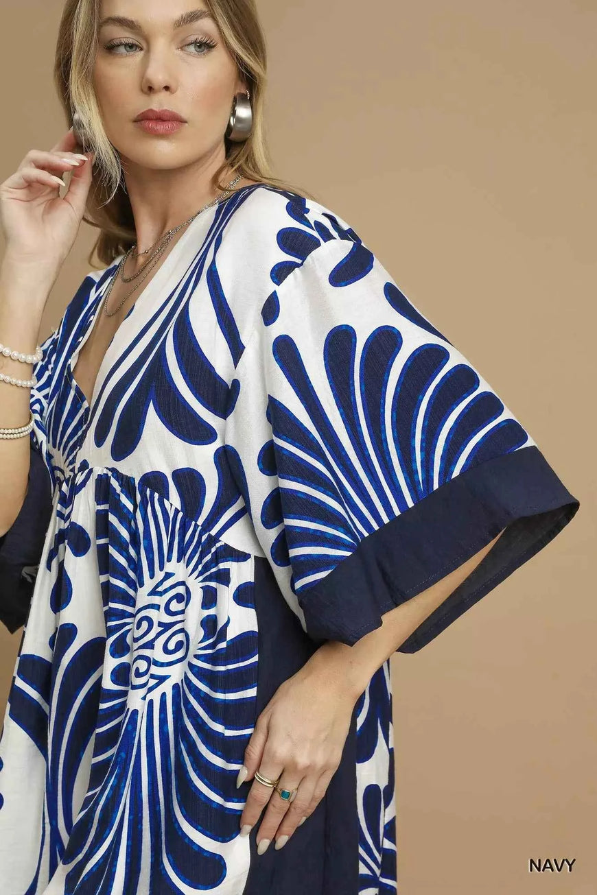 Umgee Abstract Print Kimono Sleeve Mini Dress