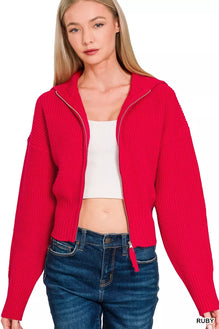 Zenana Ribbed Collared Zip Up Sweater Cardigan