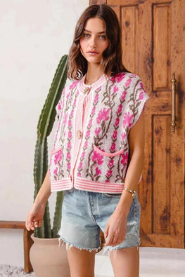 SO ME Button Front Floral and Stripe Knitted Sweater Vest